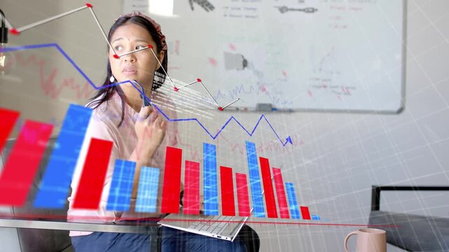 Vertical video: Business analyst typing laptop pausing studying sliding charts showing profit drop