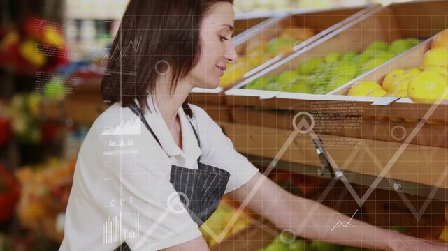 Grocery clerk reaching into bin as sorting lemons and tidying display, data overlays showing trends