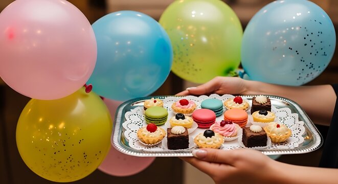 Hands holding a tray of assorted colorful mini desserts with festive balloons