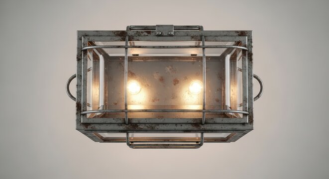 Industrial style cage light fixture with two glowing bulbs, showcasing rustic and weathered metal, emitting a warm light.