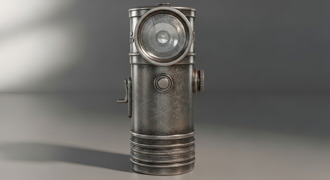 Detailed side view of a vintage, grungy metallic flashlight with a textured body and reflector, set against a studio background.