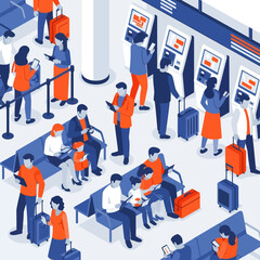 Naklejka premium People waiting in airport terminal with luggage and check-in kiosks.