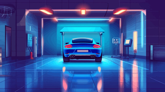 A vibrant digital illustration depicts a blue car parked inside a glowing, neon-lit garage