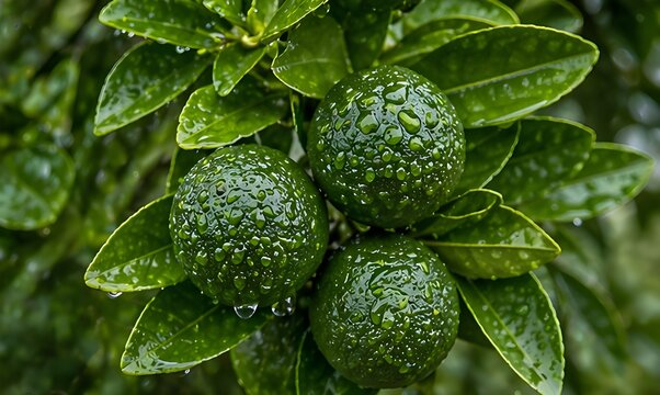 Fresh green limes with water droplets on tree.