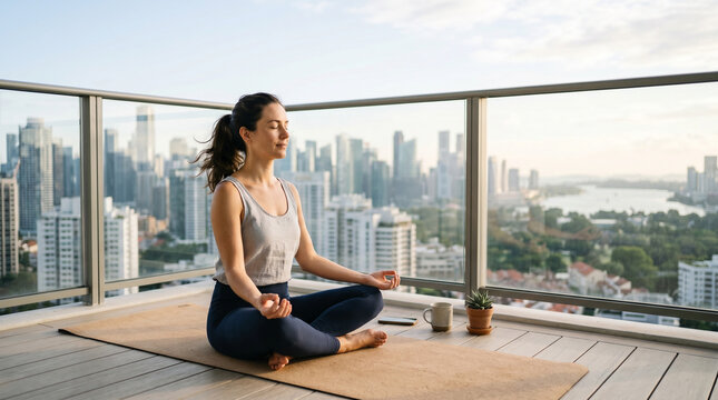 Woman Meditating on Balcony with City Skyline View