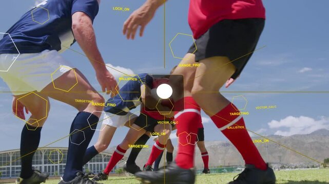 Red carrier bracing as blue defense stepping, taking down, HUD tracking, contesting rugby ball