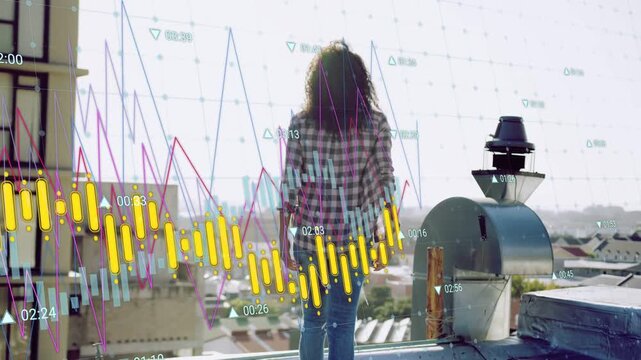Woman walking roof edge, stepping, scanning skyline while finance charts sweeping, noninteracting