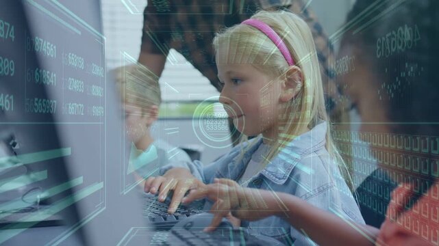 Central girl starting on keyboard, typing while teacher leaning, HUD graphics showing education