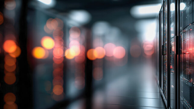 Modern data center server racks illuminated by red and orange lights in a high-tech environment with blurred background creating a futuristic atmosphere