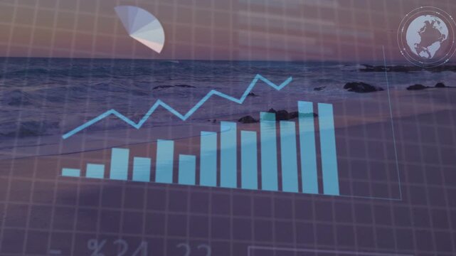ANALYSING DATA panel appearing, HUD graphics rising, charts moving and rotating to show trends