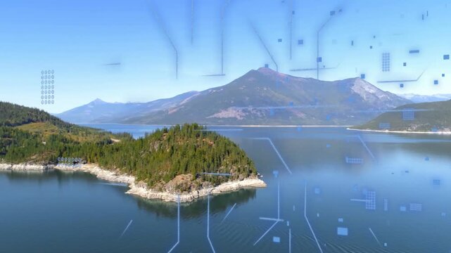 At start island static while camera panning right, blue grid rising, clearing, showing data flow