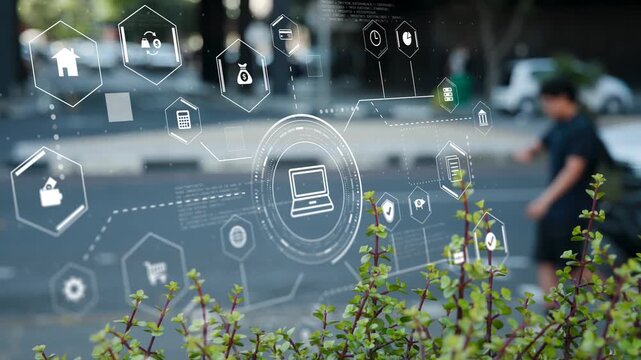 AR HUD activating on glass, tracking pedestrians and projecting icons over shrubs, visualizing flow