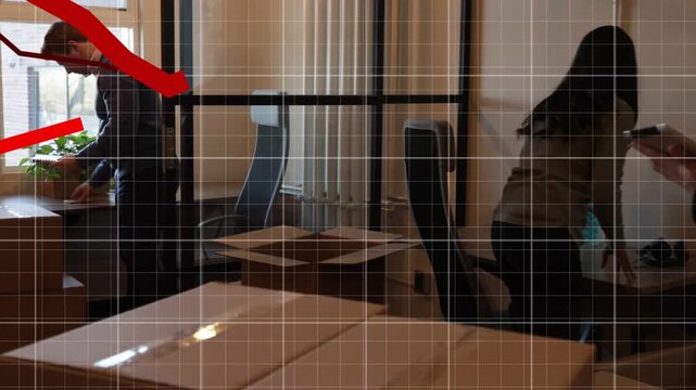 Office setup man tending plant woman sorting boxes, peer checking phone, red chart traversing scene