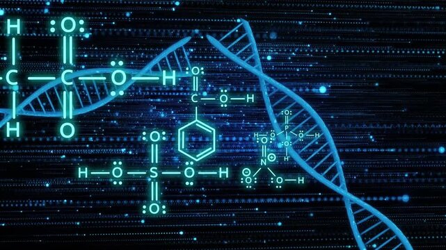 Data pulse starting cyan DNA helices sliding, rotating, assembling benzene core and showing linkage