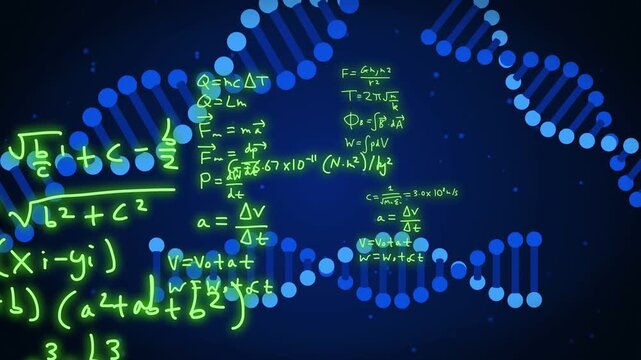 On play neon-green formulas expanding and blue helix strands extending, forming science backdrop