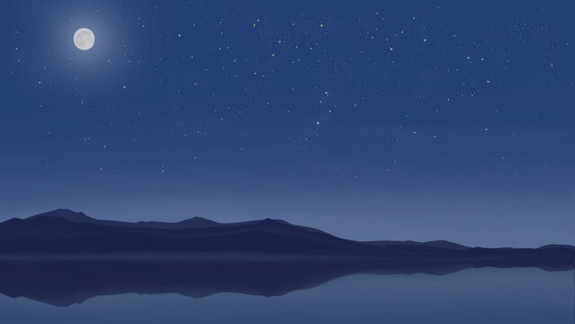 Hand-drawn starry night sky with moon and mountain reflection / 手描き 月と満天の星空の湖面反射と山のシルエット