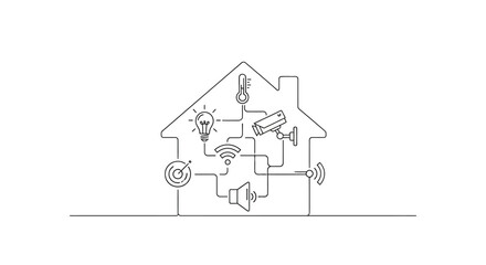 Smart home system with connected devices and automation icons. © ikun