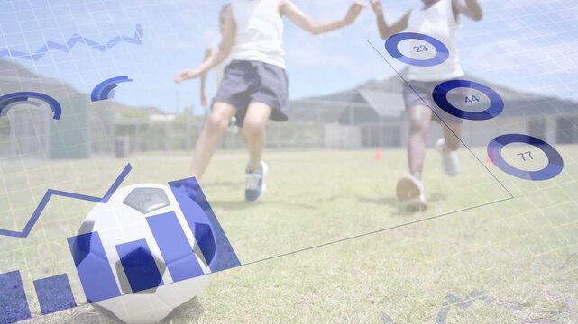 Three boys starting run in drill to soccer ball, dribbling kicking while blue charts overlay shoes