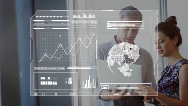 Woman tapping tablet, man holding tablet, AR charts rising, globe rotating, reviewing business data