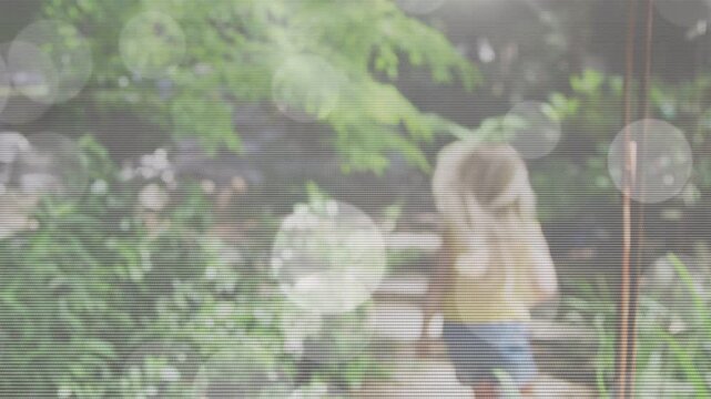 Girl taking step and climbing, reaching plants, bokeh and scanline overlay over child for health