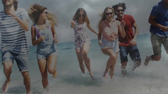 Six adults laughing breaking into run along sand, splash icons syncing with splashes for leisure