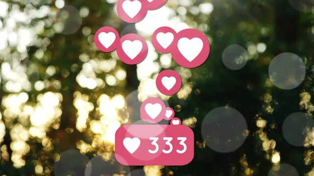 Incoming likes starting heart icons rising and badge counting up, showing growth over sunlit trees