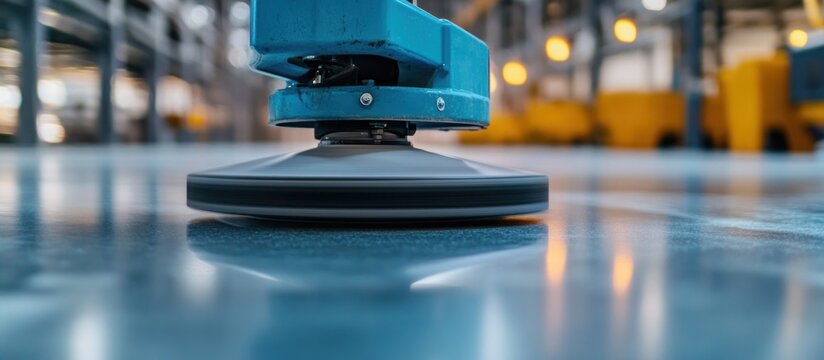 Professional Floor Buffer Machine Polishing Shiny Concrete Floor in a Modern Industrial Warehouse