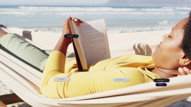 Woman reading in beach hammock as camera cropping, UI tags appearing over book, arm for marketing