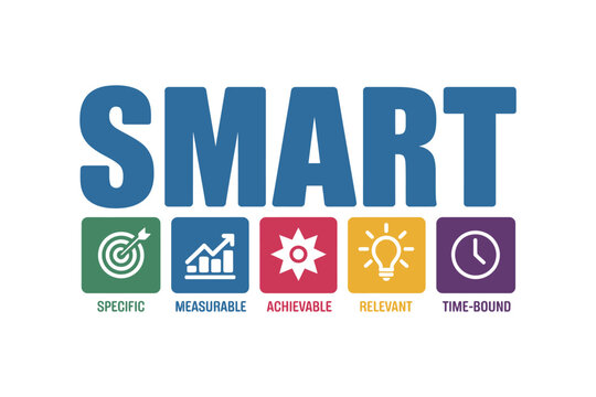 Strategy icons display five steps for effective goal setting and project.