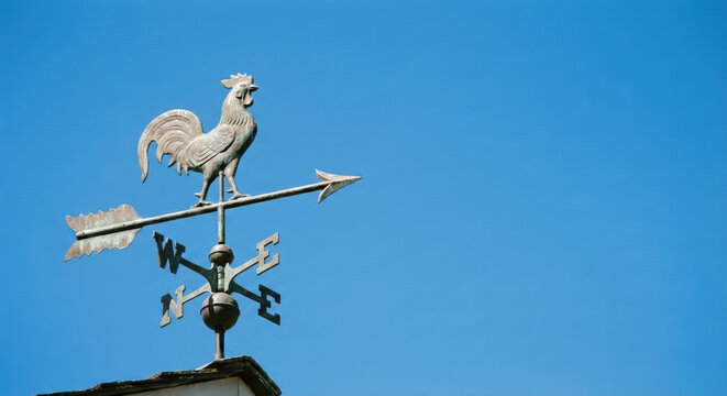 Central bank monetary policy weather vane rooster sculpture on rooftop under clear blue sky with cardinal direction letters for finance concept