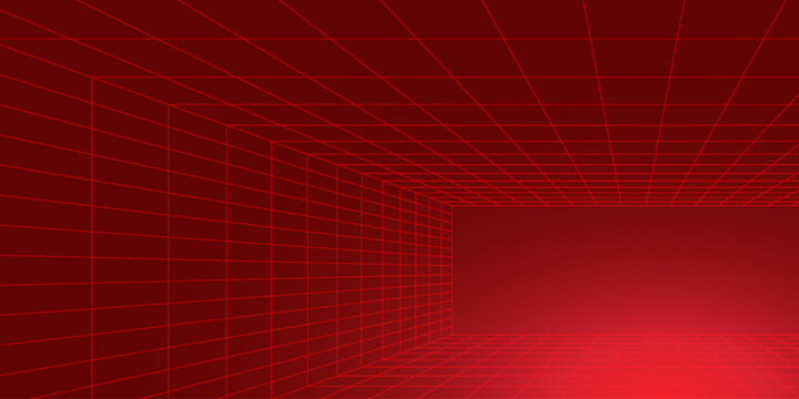 Red Glowing Cyber Wireframe Grid Background With Laser Lines. Retro Futuristic Perspective Game Backdrop For Posters, Banners, Wallpapers. Vector Illustration.