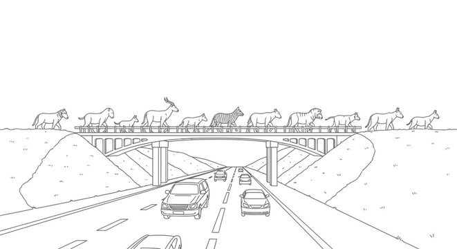 Animals crossing wildlife bridge over highway line art