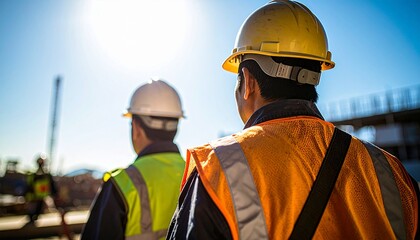 Fototapeta premium 炎天下の工事現場で働く作業員の後ろ姿