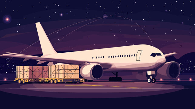 Pixelated illustration of a passenger plane at an airport at night, with cargo boxes and stars