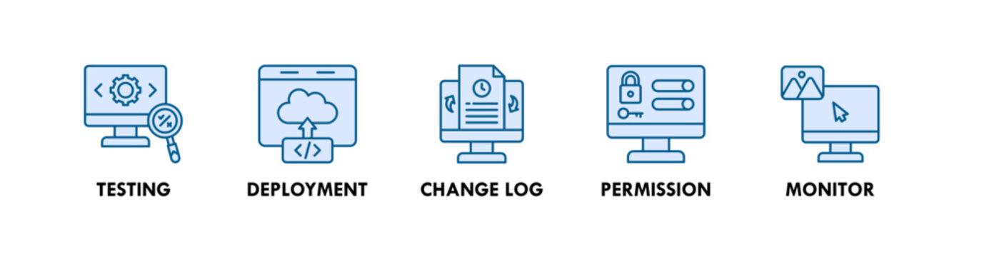 Feature Management web icon illustration concept with icon of testing deployment, change log, permission, and monitor