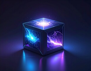 Fototapeta premium Futuristic glowing cube emitting vibrant electric energy and light beams on a dark reflective surface