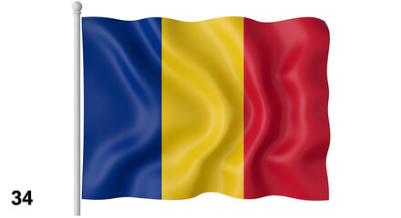 Obraz premium Romanian flag waving on flagpole against white background, national symbol