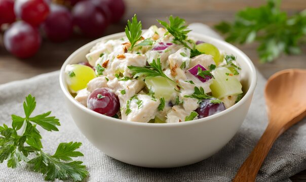 healthy chicken salad mixed with greek yogurt, celery, red inion, diced apple and grapes, and almonds with parsley and cilantro 