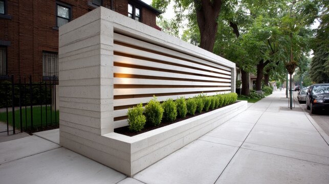 Modern Concrete Wall Design with Horizontal Slats and Green Landscaping in Urban Environment Alongside a Sidewalk Surrounded by Trees