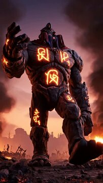 Epic fantasy stone golem with glowing runes walking through a burning battlefield, dark sorcerer rider, cinematic action scene for gaming and vfx