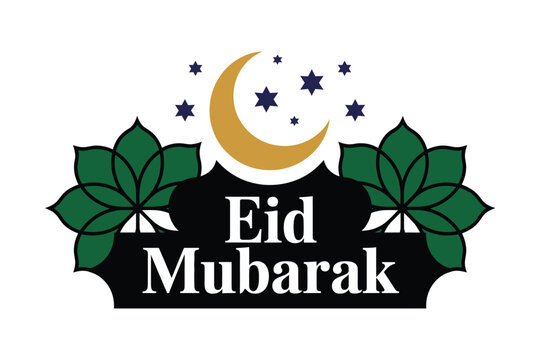 Eid Mubarak greeting features a crescent moon and stars in a festive design.