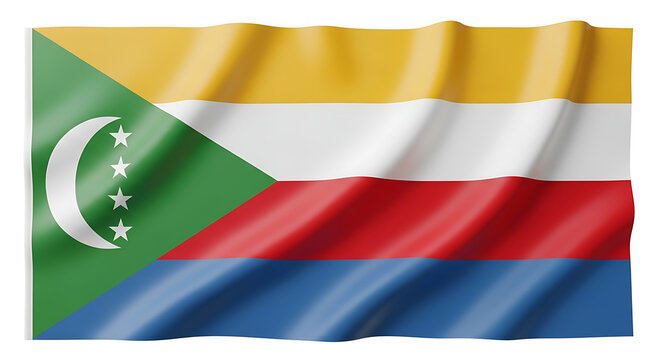 Waving flag of Comoros with crescent moon and stars, national symbol, vibrant colors