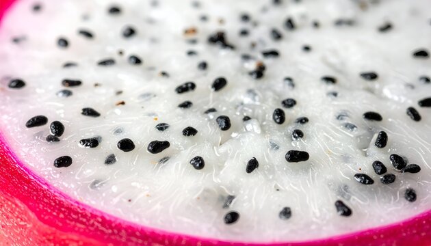 Close-up of a vibrant dragon fruit slice, with black seeds and textured white pulp, and pink rind