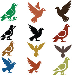 Fototapeta premium A clean and elegant collection of 12 flat-design vector icons featuring stylized pigeons and doves. These peaceful bird illustrations symbolize peace, hope, freedom, love, spirituality, and messaging,