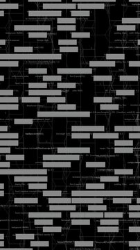 Vertical 4K shot of scrolling computer code and digital blocks. Ideal for cybersecurity presentations, software development tutorials, and high-tech mobile-first marketing content.