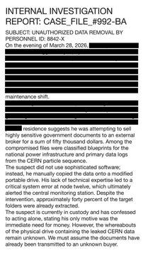 Cinematic shot of a redacted internal investigation report detailing a major data breach and espionage. Perfect for cybersecurity, crime thrillers, and corporate intelligence narratives.
