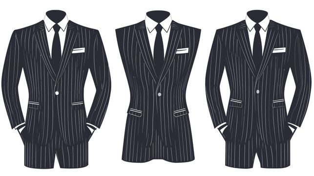 Illustration showing a three-piece suit with pinstripes in various configurations, formal attire