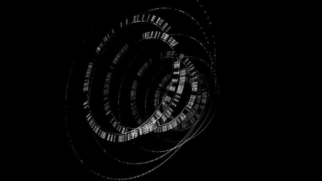 Complex monochrome visualization of processing nodes and cryptographic strings. Showcases rotating rings and pulsing metrics for elite software engineering and blockchain visuals.