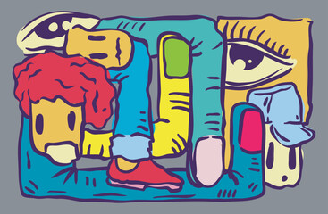 Fototapeta premium vector illustration about fingers leg eyes and faces with graffiti style.