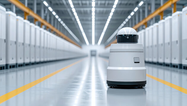 Robotics industrial automation autonomous robot warehouse factory corridor mobile machine moving along clean storage facility with precision